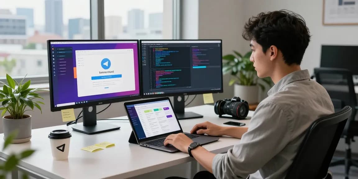 Engaging workspace showcasing Telegram Download page on laptop with dual monitors in a bright office.