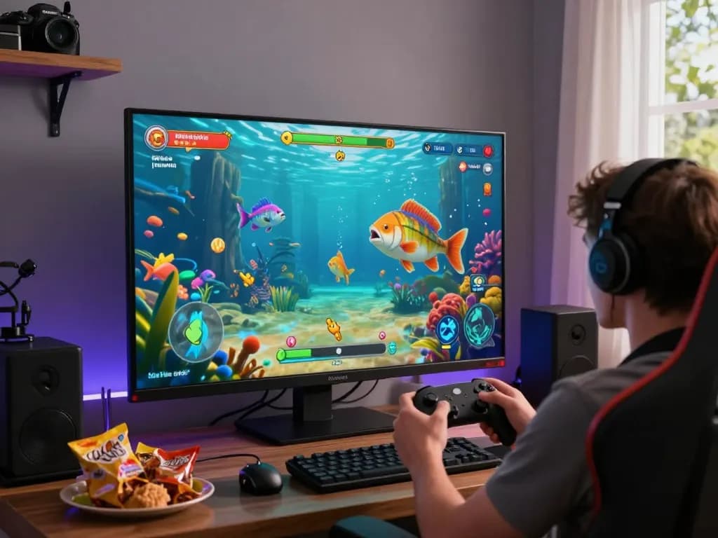 TIN TỨC hubet88 gaming scene showing an excited player fishing in vibrant underwater visuals with colorful fish and power-ups.