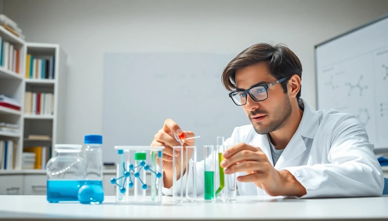 Scientist analyzing peptides in a bright laboratory, showcasing molecular structures and research.