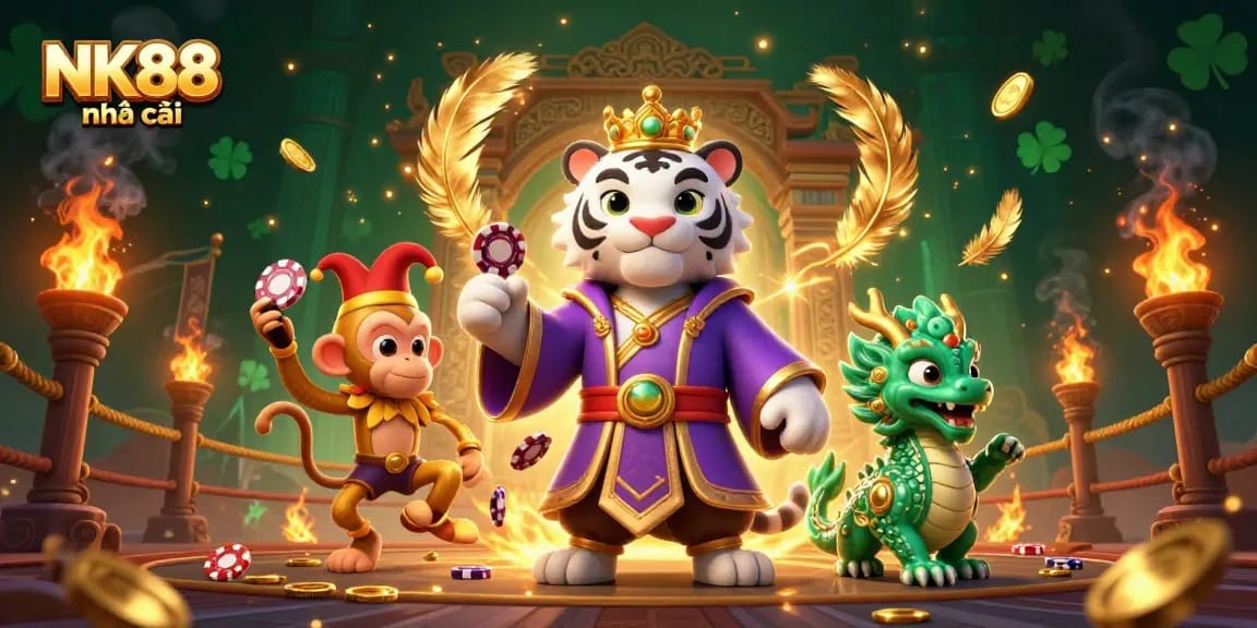 Bet on wins at NK88 nhà cái with a vibrant scene of a royal tiger and golden monkey.
