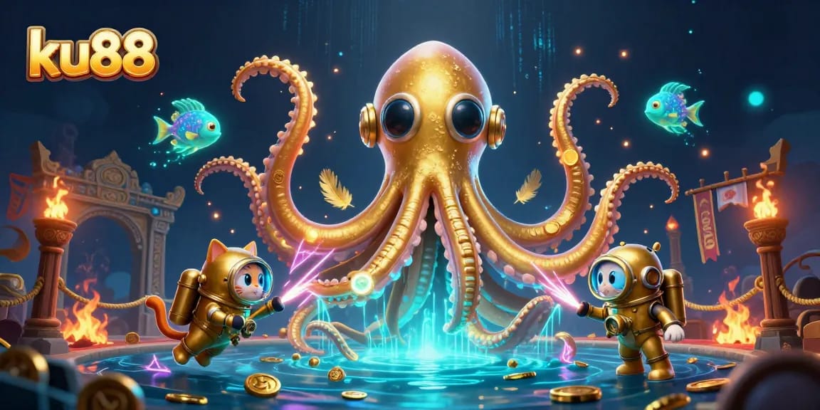 Win exciting prizes at ku88, featuring a colossal kraken, golden treasures, and vibrant underwater action.