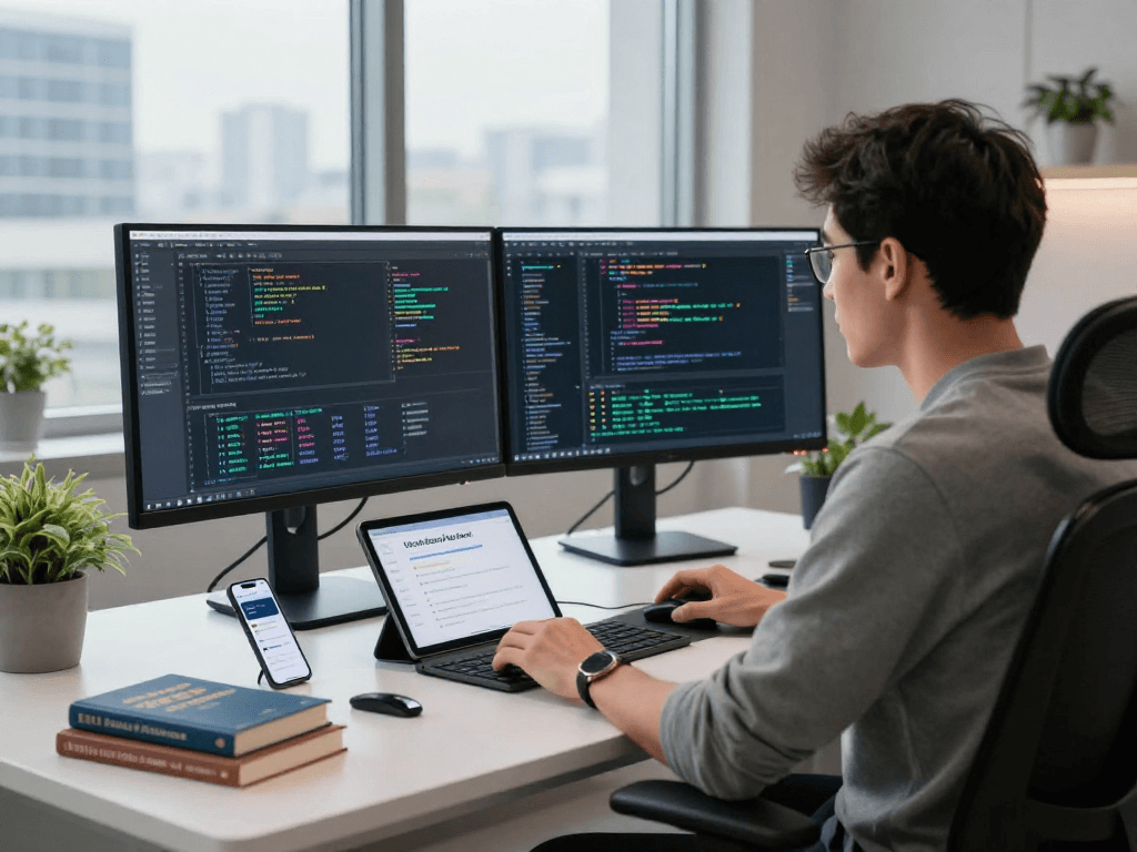 Developer utilizing acrossprotocol at modern tech workspace, showcasing dual monitors with blockchain data and a collaborative setup.
