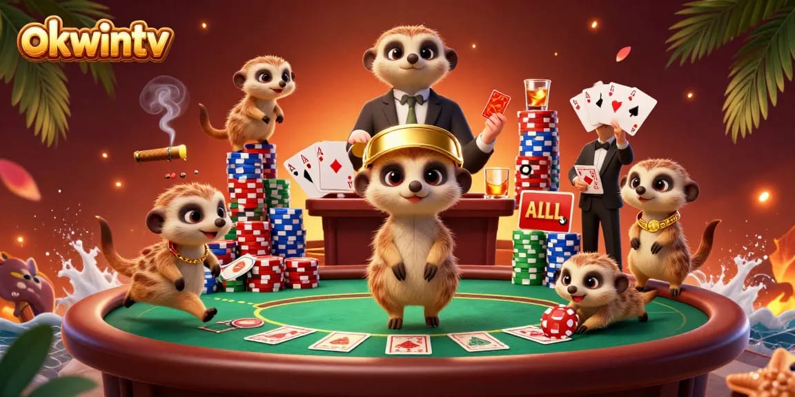Okwintv showcases meerkats operating a vibrant casino with engaging poker action.