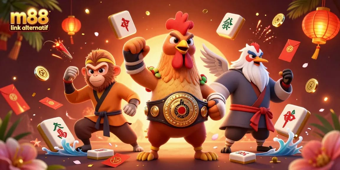 Experience thrilling gambling with m88 link alternatif in a vibrant, animated casino scene.