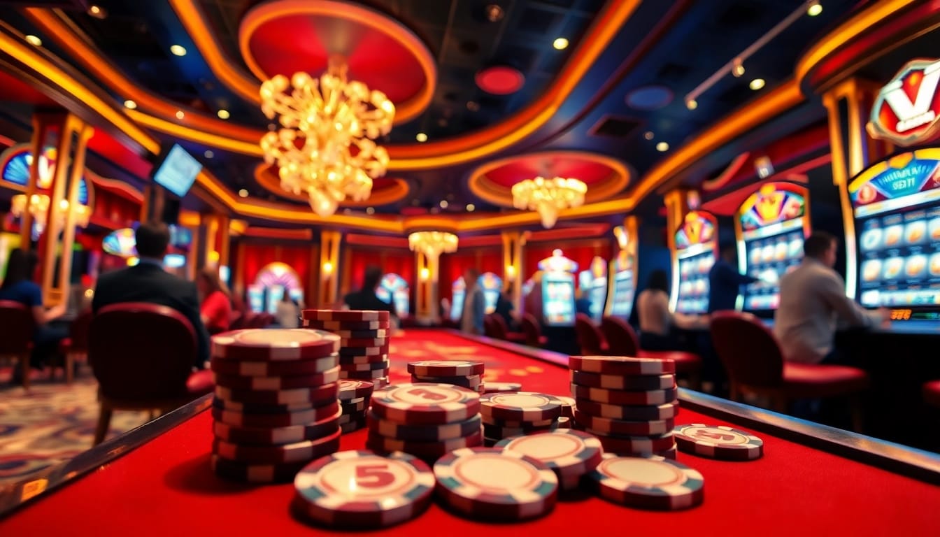 Tangkap momen seru Depo 5k Dana di kasino dengan chip yang bersinar dan permainan slot.