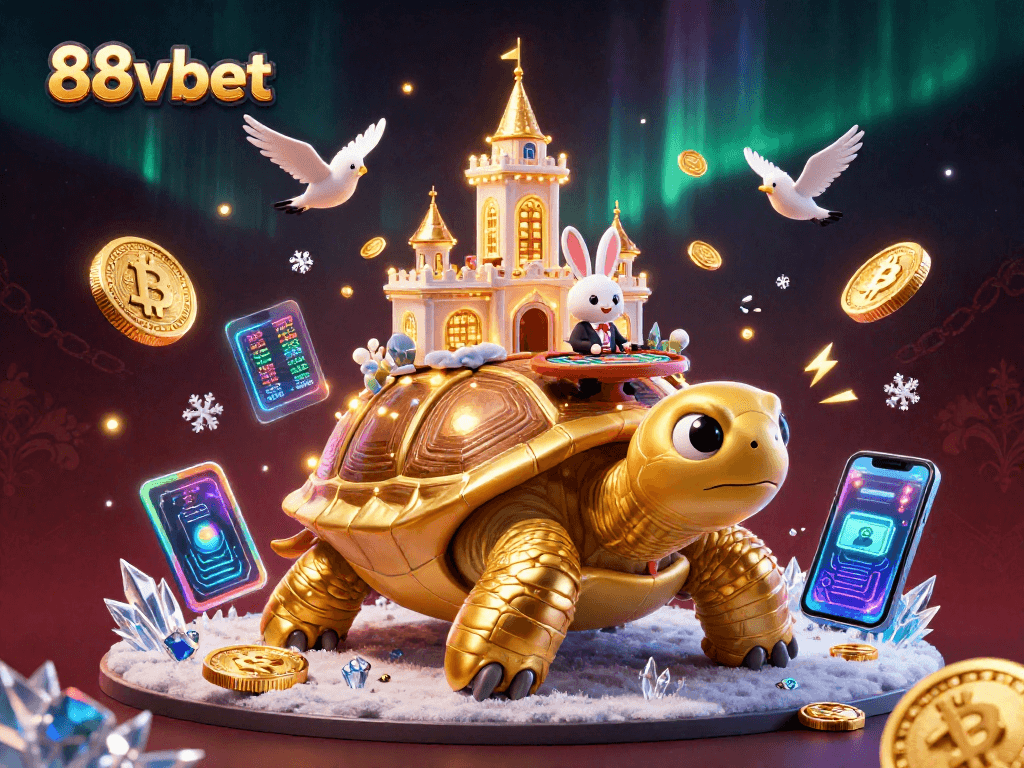 Play exciting games at 88vbet with a vibrant 3D casino scene featuring a golden tortoise and a rabbit dealer.