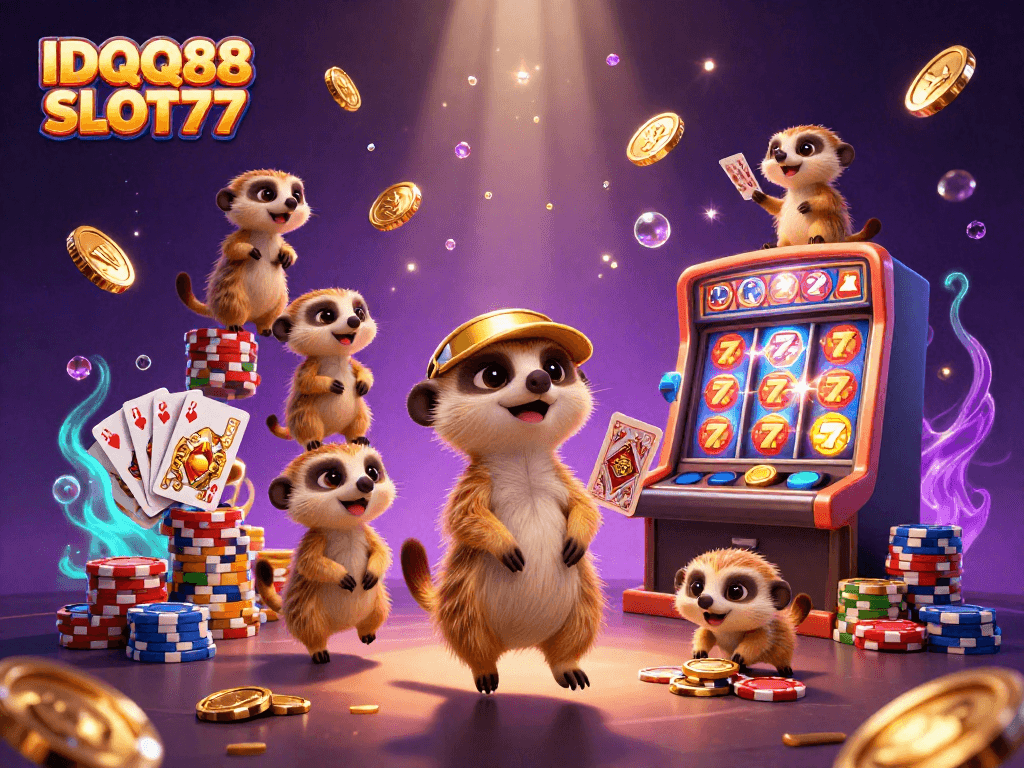 Spin the reels of IDQQ88 SLOT77 and experience a vibrant slot machine casino with lively meerkats.