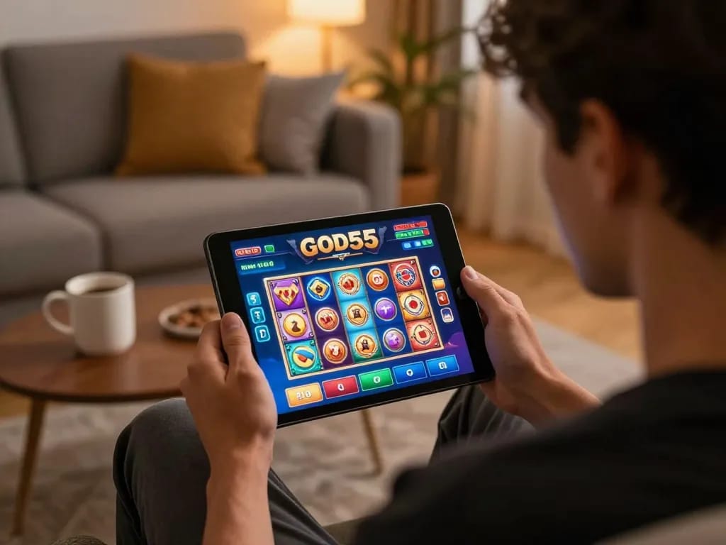 Player enjoying slots at god55 casino on tablet, showcasing immersive gaming experience.