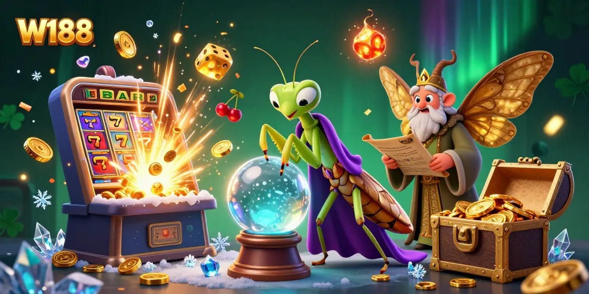 Engage in thrilling W188 casino action with vibrant characters, slot machines, and mystical elements.