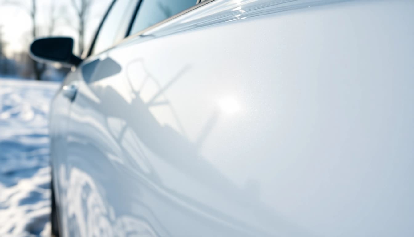 PPF winter road salt protection showcased on a car in a snowy environment, emphasizing durability and gloss.