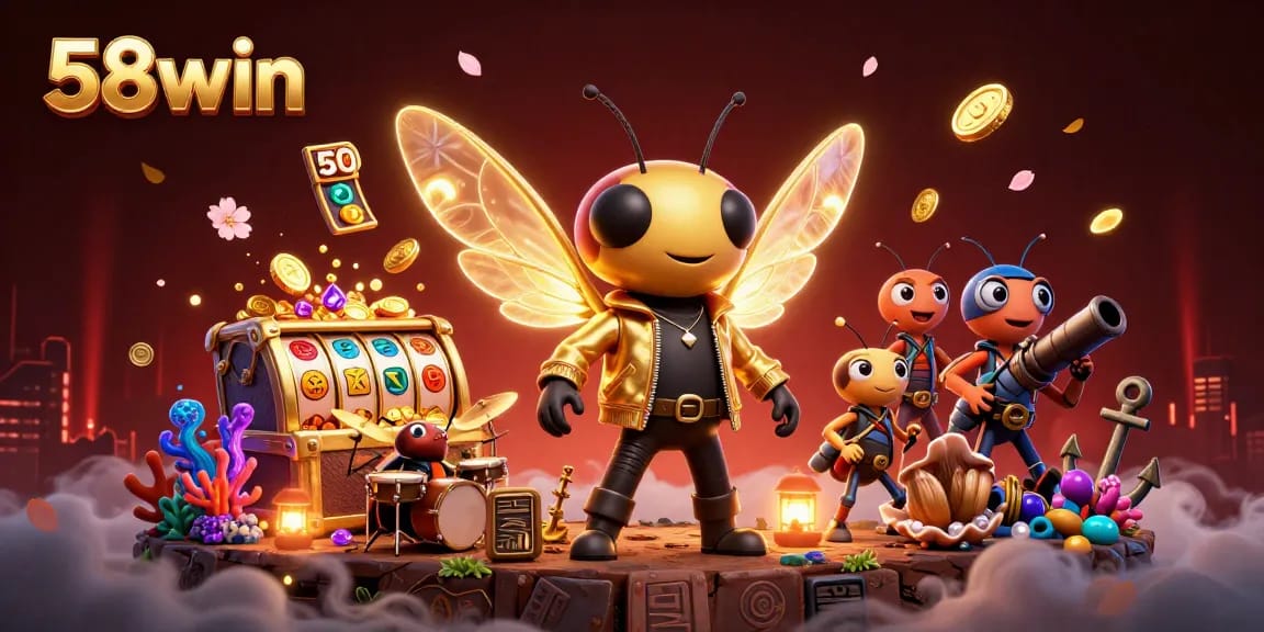 Experience 58win’s vibrant action with a 3D cicada rock star amidst treasure and slot reels