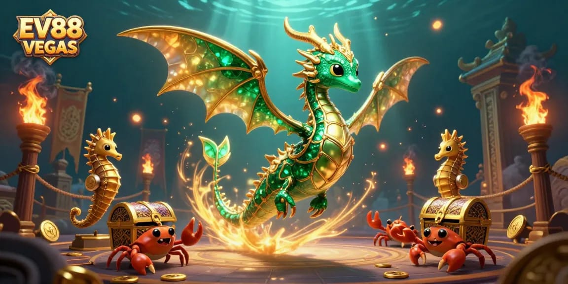Experience the thrill of winnings at EV88 VEGAS with an elaborate 3D casino scene featuring unique characters.
