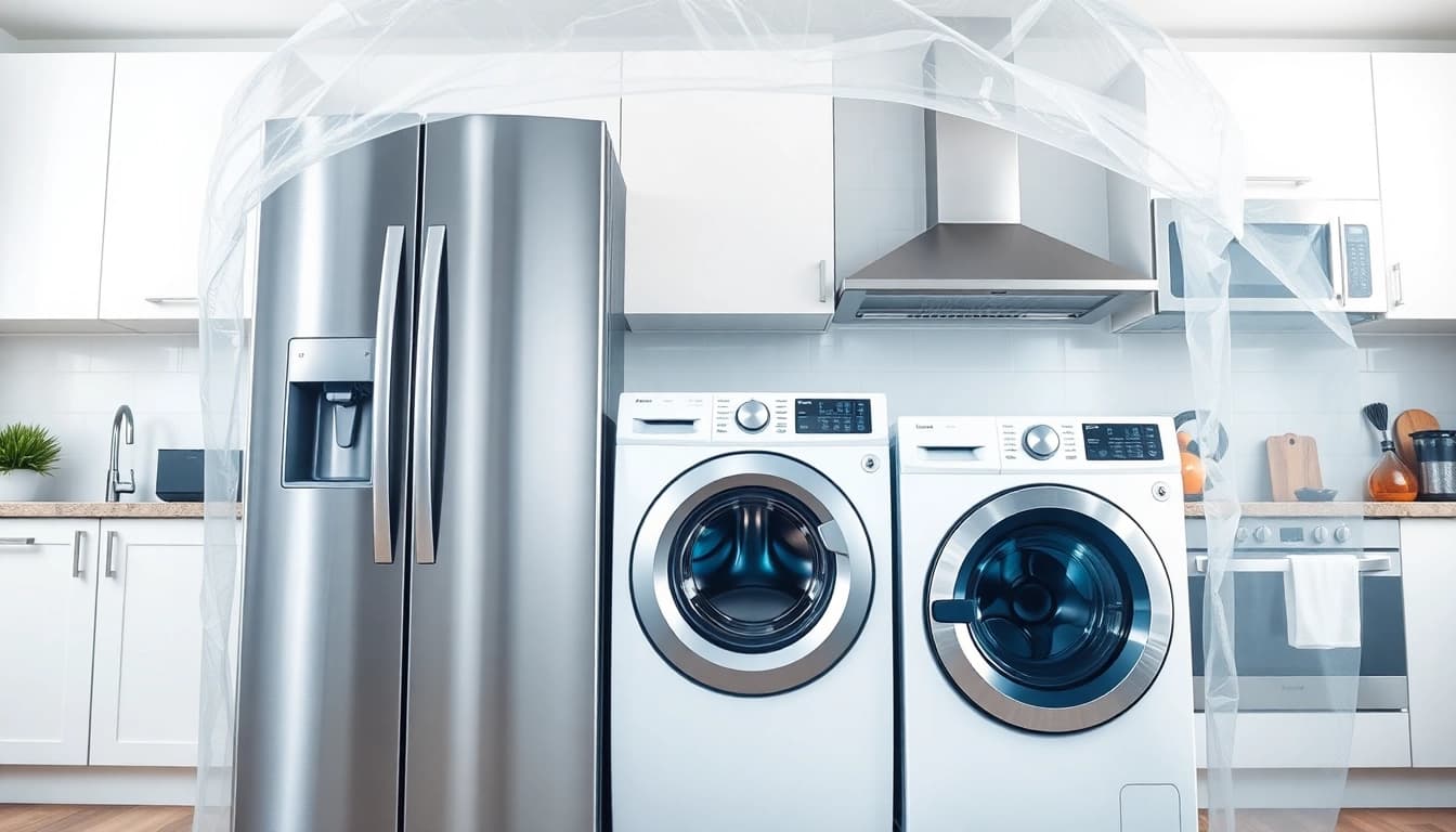 Showcasing home systems and appliance protection with modern appliances under a shield in a kitchen setting.