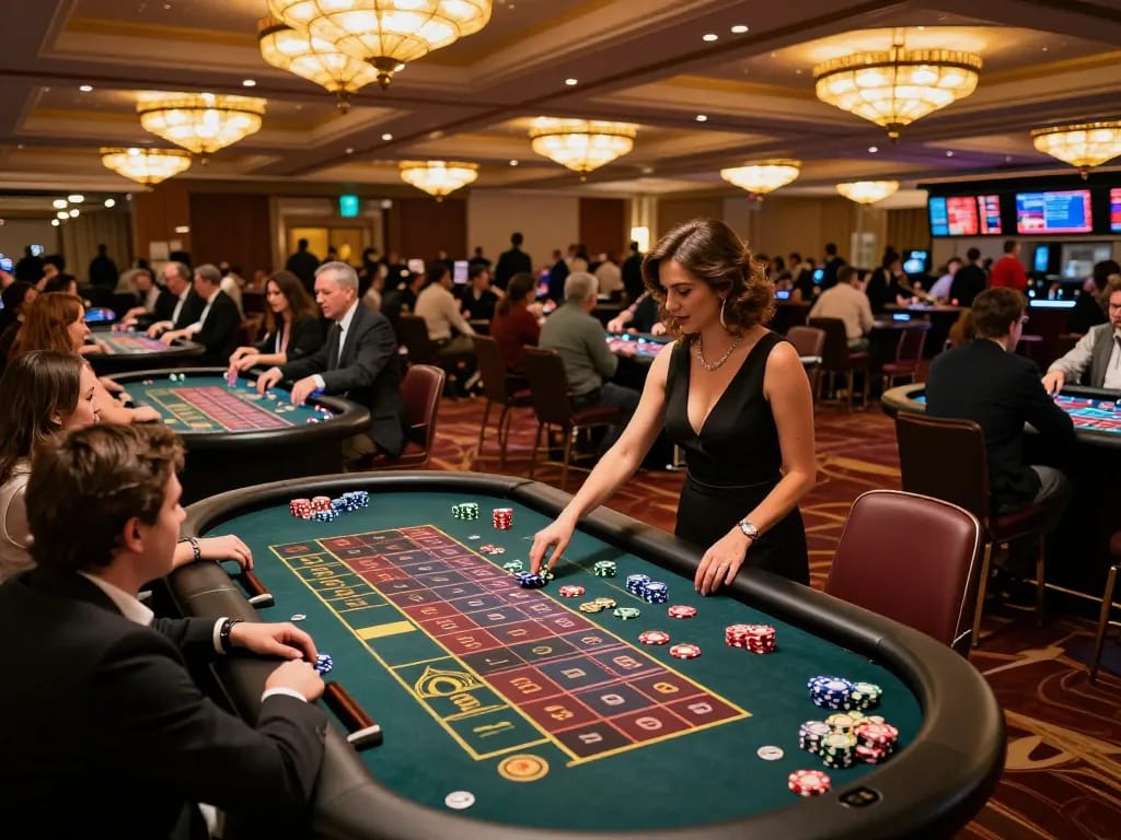 VA88 roulette action with players placing bets and croupiers spinning the wheel in a lively casino.