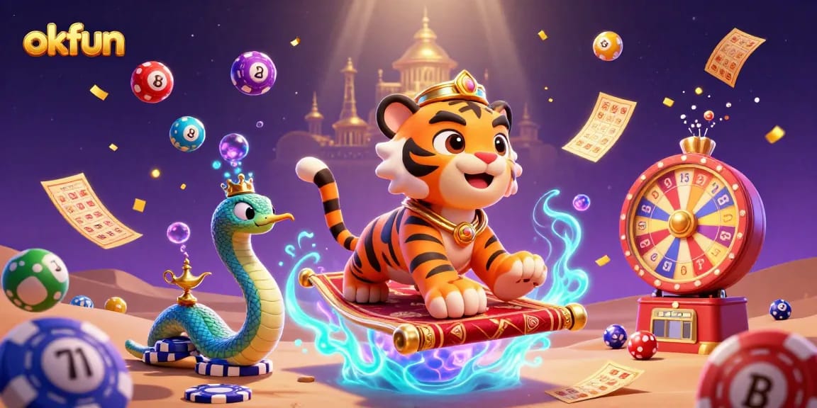 Engage in exciting gameplay at okfun with a vibrant, animated casino-themed digital illustration.