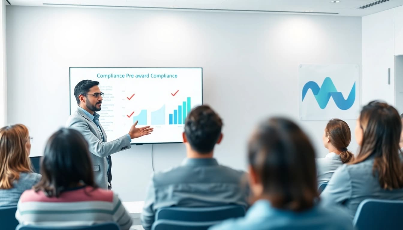 Illustrative presentation on pre-post award compliance capturing an engaged audience in a conference setting.