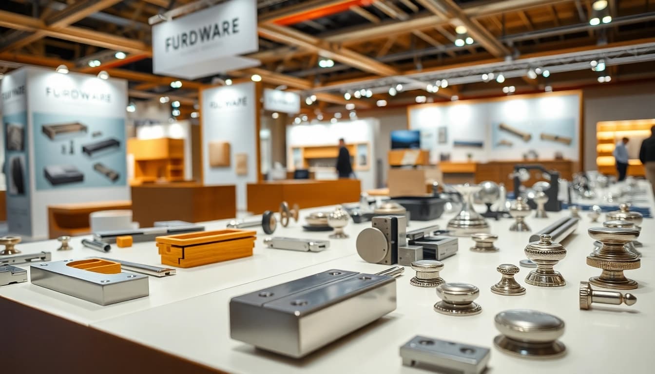 Exhibit featuring furniture hardware manufacturers showcasing high-quality hardware components.