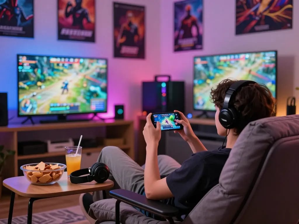 Person enjoying a mobile porn game on a smartphone in a vibrant gaming setup.