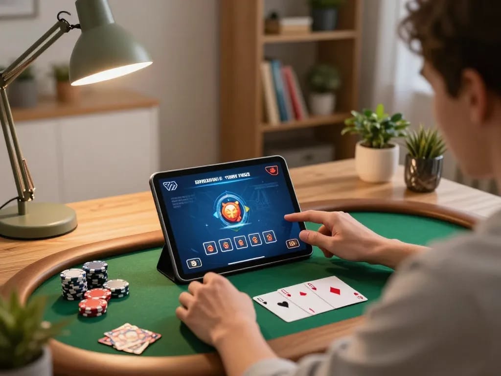 Engaged player on 79king1.best enjoying online poker with a tablet at home, highlighting strategic gameplay