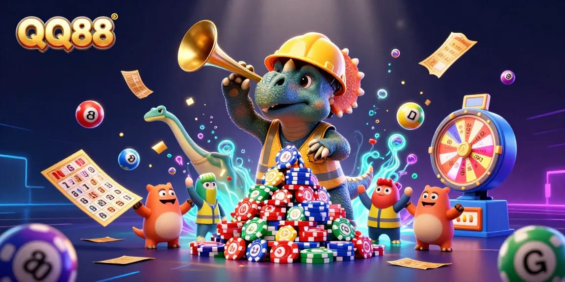 QQ88 offers vibrant gaming excitement with colorful elements and energetic characters celebrating wins.
