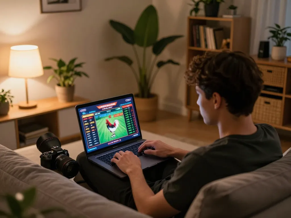 View of a person engaged in đá gà trực tiếp hôm nay on their laptop at home with warm lighting.