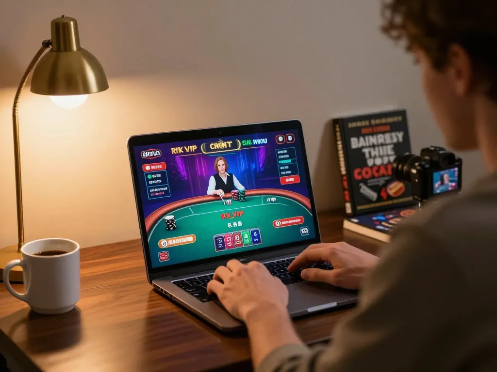 Engaging in online poker on rik vip platform with stylish desktop setup and live dealer interaction