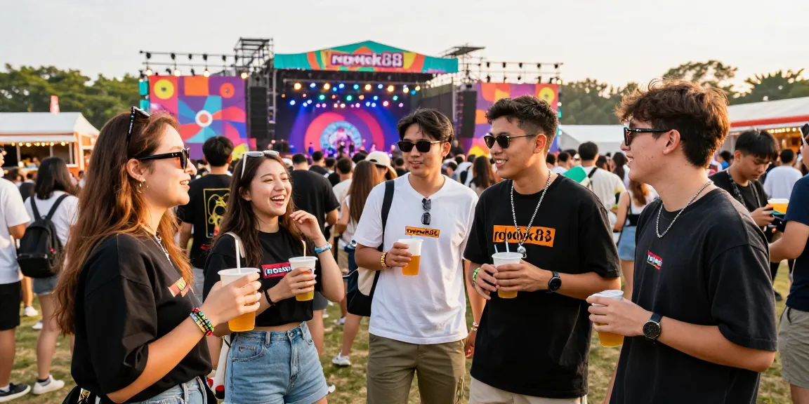 Group of friends at a vibrant music festival enjoying rokok88 merchandise and accessories.