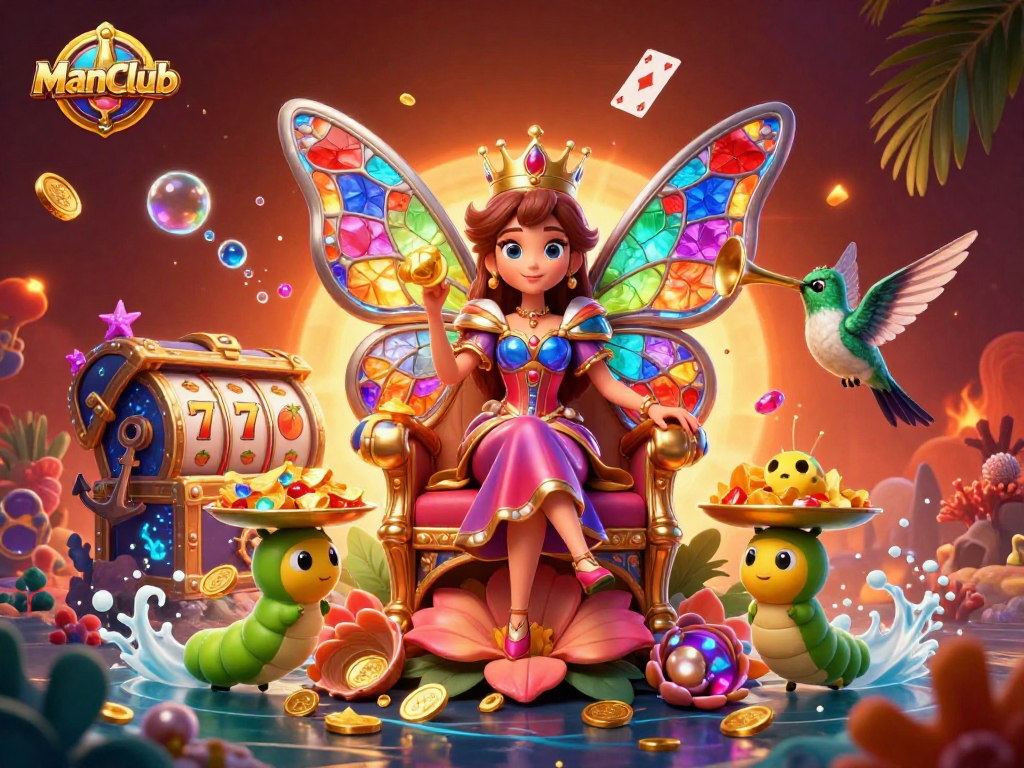 Experience the vibrant world of ManClub with a lively butterfly queen and exciting casino elements.