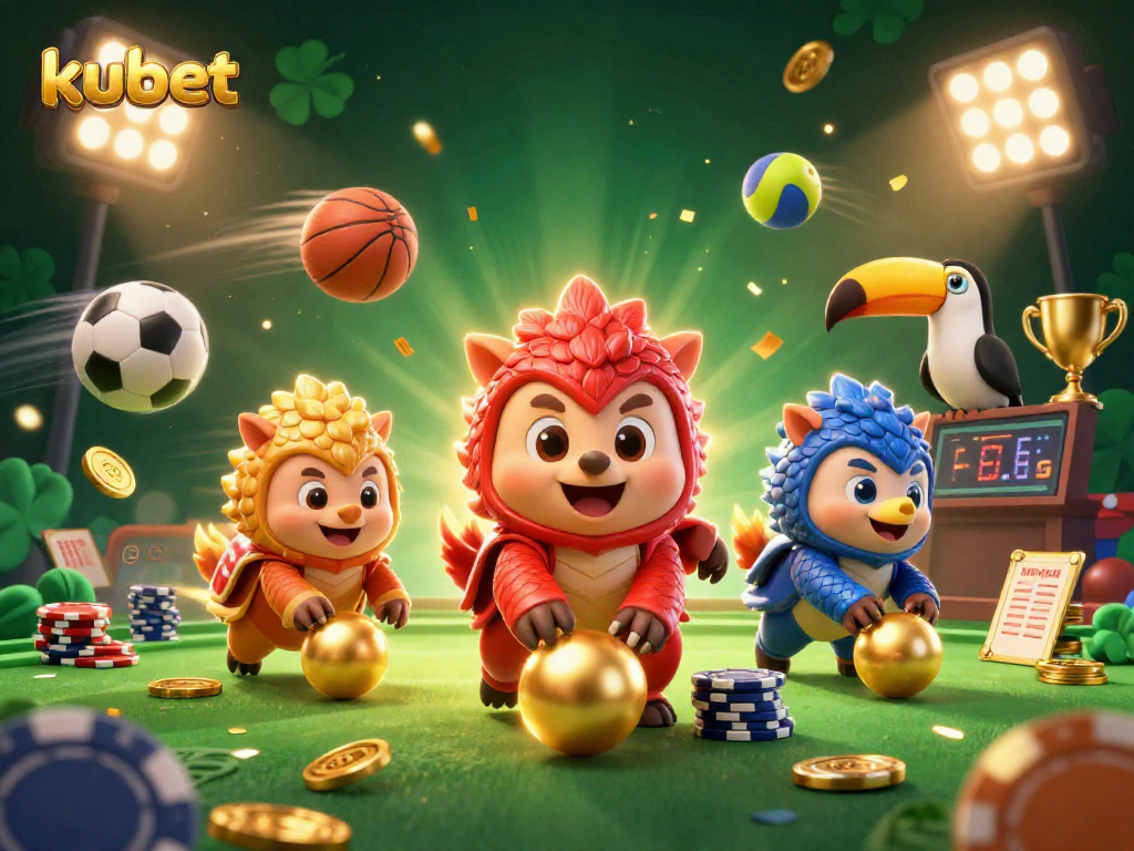 Kubet promotes thrilling gameplay with dynamic pangolins and vibrant sports elements in a colorful casino world.