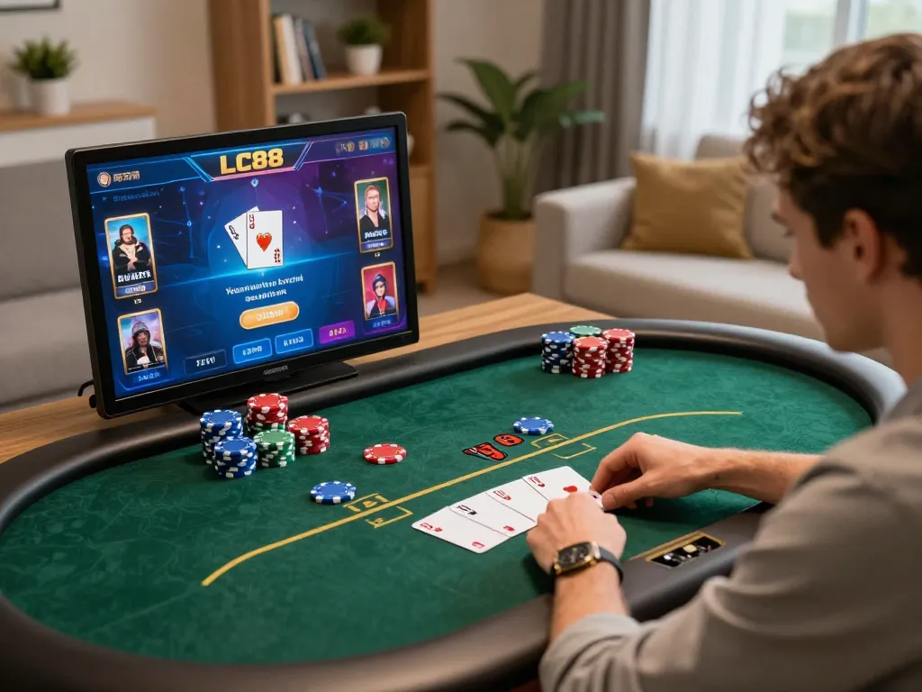 LC88 player placing bets in an online poker game, showcasing intense focus and cozy atmosphere.