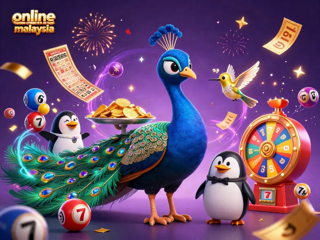 Experience a vibrant scene of online casino malaysia with colorful lottery balls and festive characters.