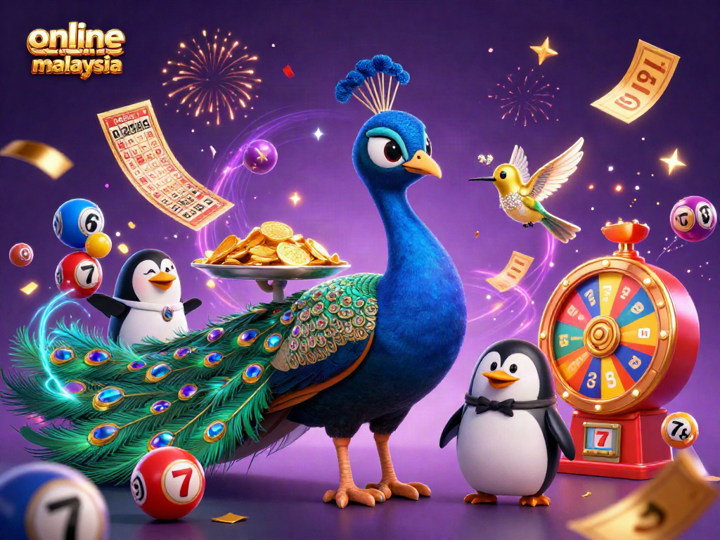Experience a vibrant scene of online casino malaysia with colorful lottery balls and festive characters.