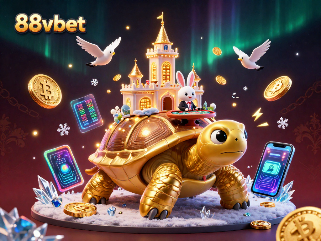 Play exciting games at 88vbet with a vibrant 3D casino scene featuring a golden tortoise and a rabbit dealer.
