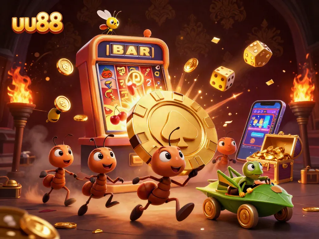 uu88 team of cartoon ants heisting a golden poker chip amid vibrant casino elements