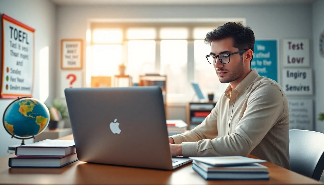 Engaging scene of TOEFL test takers for hire studying in an inspiring workspace.