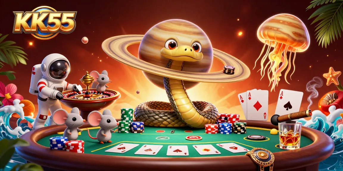 Experience thrilling bets with KK55 in a colorful cosmic casino scene.