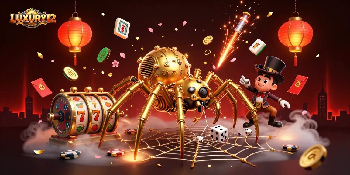LUXURY12 menghadirkan ilustrasi kasino 3D yang menarik dengan laba-laba emas steampunk dan elemen permainan slot.