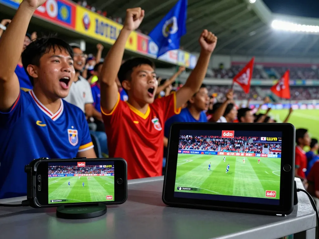 Live football match with fans cheering, showcasing lương sơn tv streaming on devices in a vibrant stadium atmosphere.
