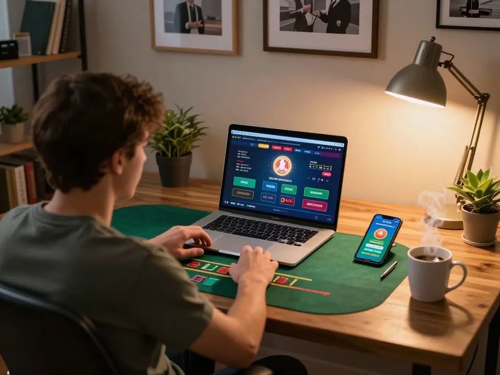 Player enjoying a blackjack game on f8bet from a cozy home office setup, laptop screen showing exciting gameplay.
