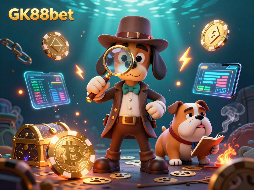 Engage with GK88bet in this vibrant 3D casino scene where a detective uncovers golden poker chips and crypto treasures.