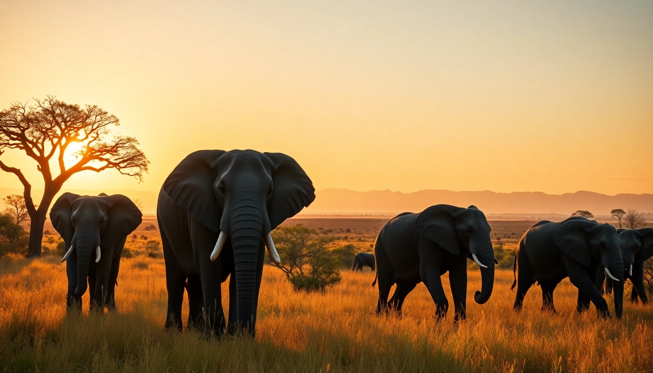 Experience the beauty of Tanzania safari and Zanzibar beach with majestic elephants under a sunset sky.