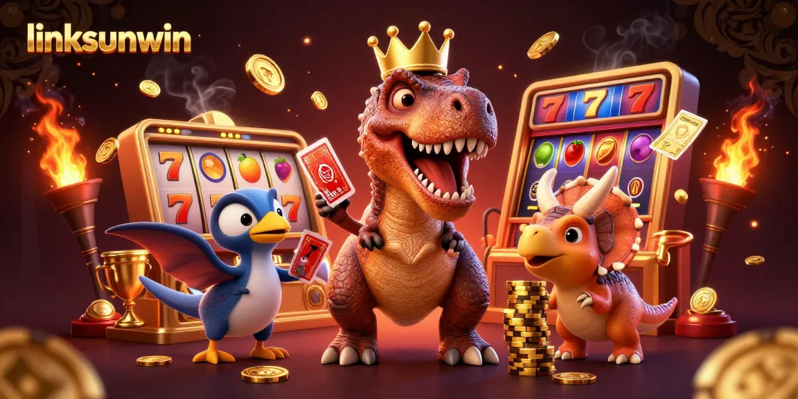 Engage with linksunwin at a vibrant 3D casino scene showcasing a T-Rex card shuffling amidst slot symbols and chips.