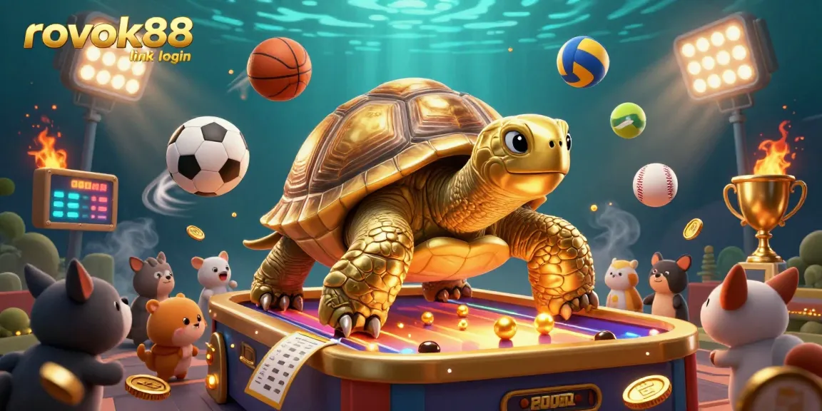 Engage with the exciting rokok88 link login scene featuring golden tortoise pinball action and dynamic sports elements.