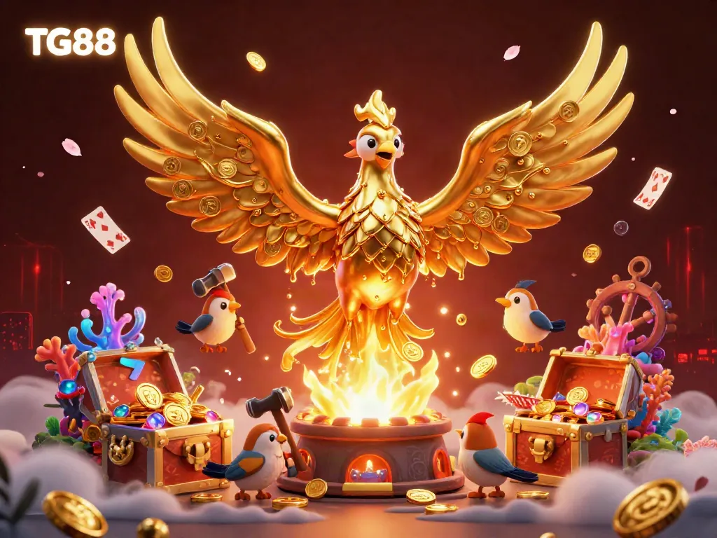 Experience TG88's vibrant casino adventure with a molten gold phoenix and treasure galore.