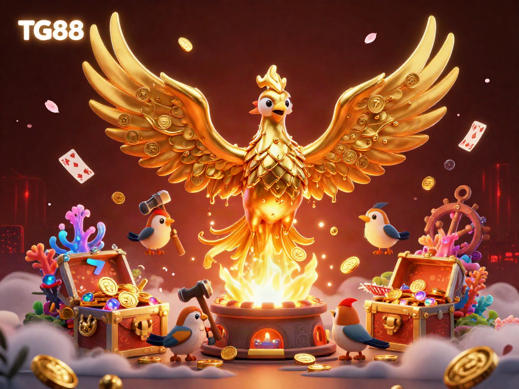 Experience TG88's vibrant casino adventure with a molten gold phoenix and treasure galore.