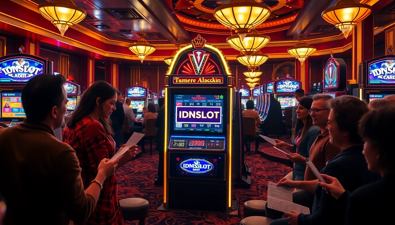 Players enjoying the excitement of the IDNSLOT gaming experience at a luxurious casino.
