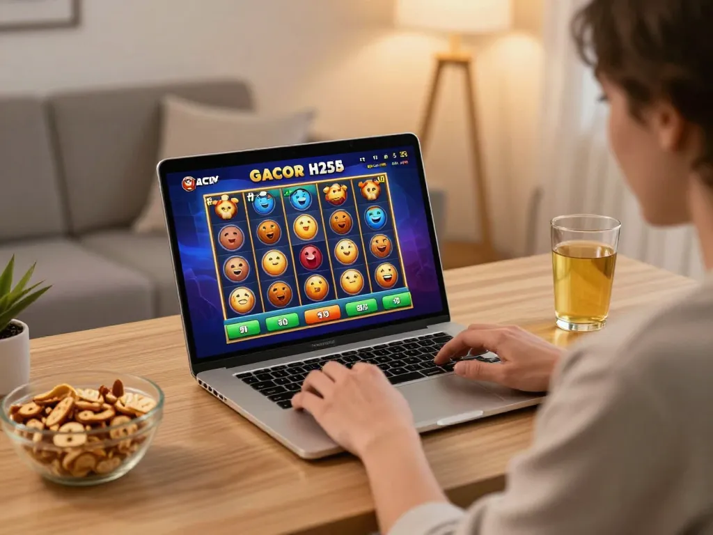 Engaging player enjoying slot gacor maxwin game on a laptop, surrounded by a cozy home atmosphere.
