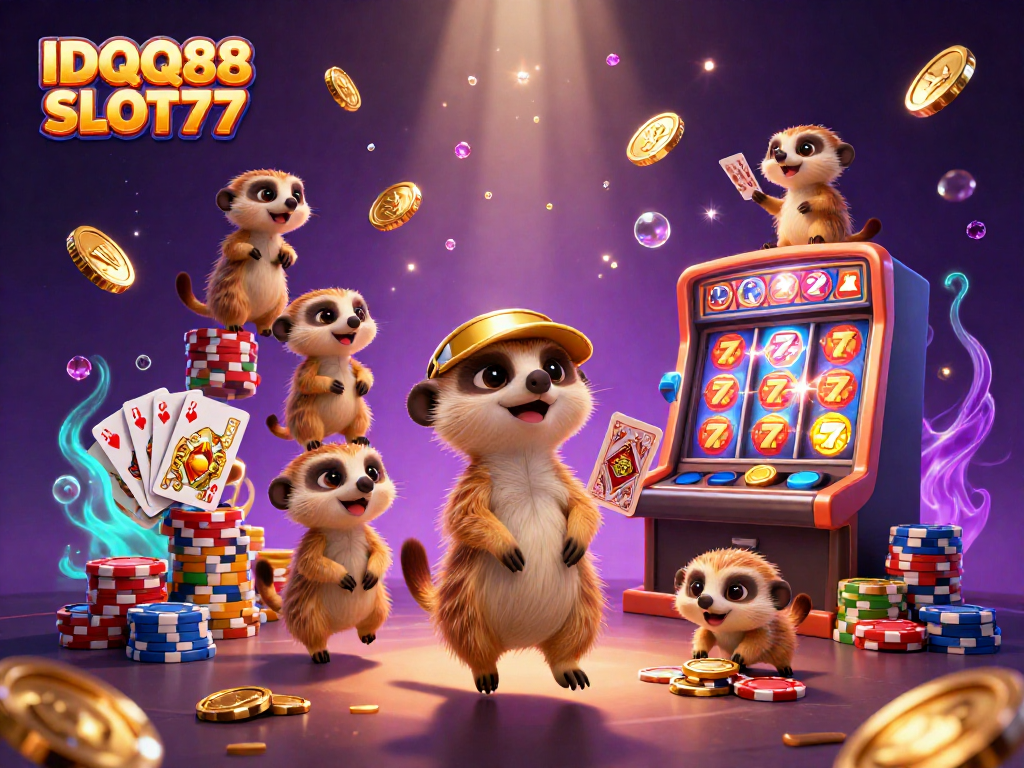 Spin the reels of IDQQ88 SLOT77 and experience a vibrant slot machine casino with lively meerkats.