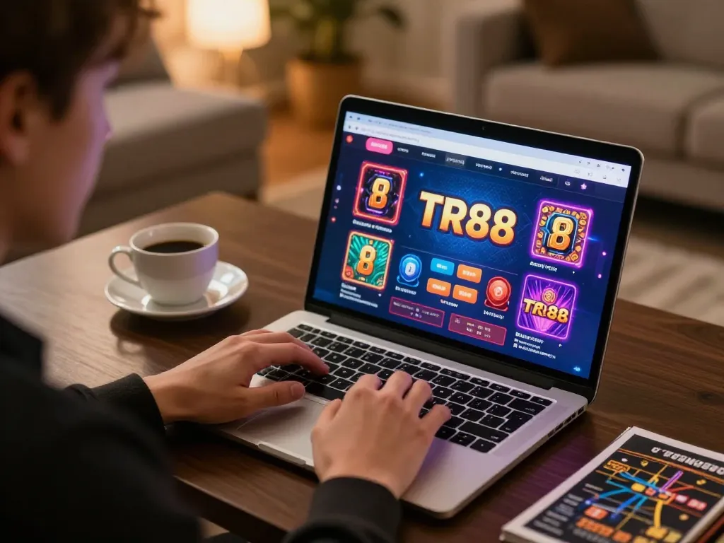 Engaging in online casino gaming with TR88 in a stylish home office setup