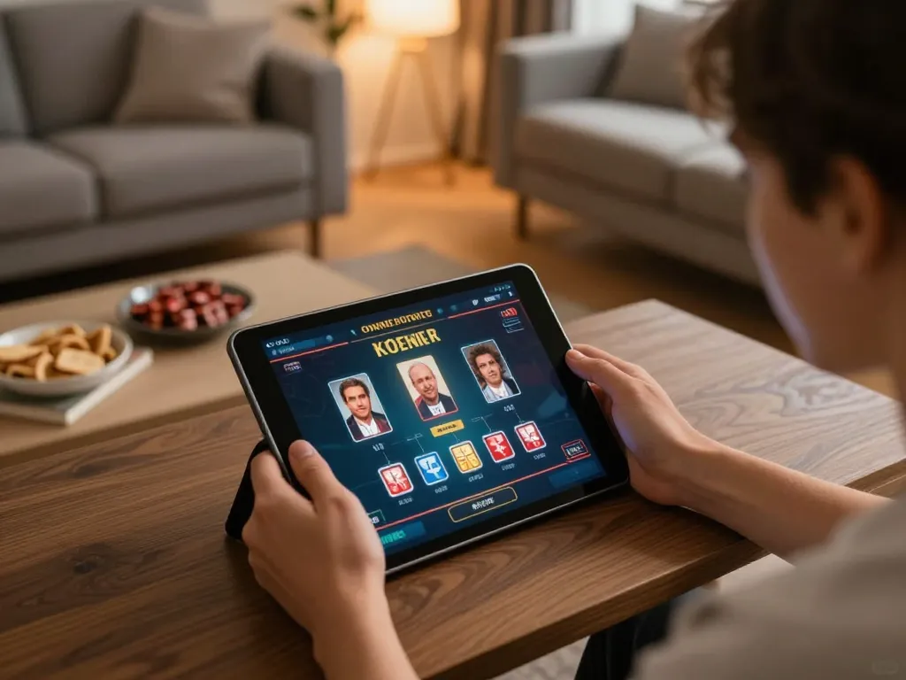 Engaging in online gambling on rikvip using tablet with poker interface in cozy home setup.